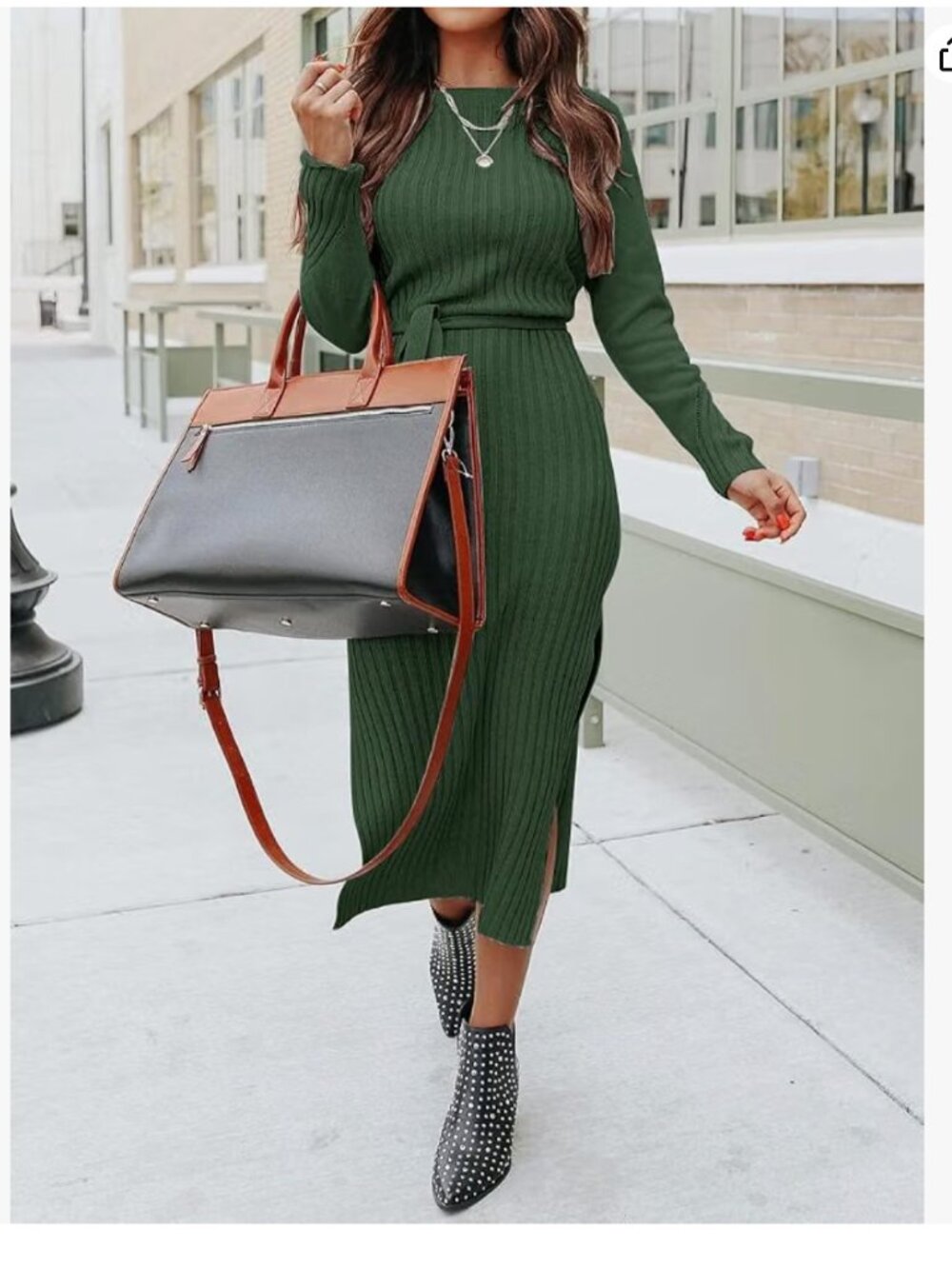 PRETTYGARDEN Long Sleeve Crewneck Two Side Slit Tie Waist Slim Fit Sweater Dress
